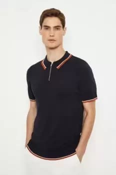 Mens Navy Short Sleeve Tipped Knitted Polo Shirt