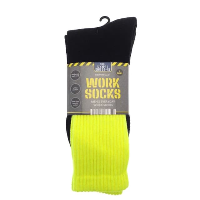 Country Club Country Club Men Pack of 3 Everyday Cotton Work Socks - Bright Tops in Black Size: 6-12 Black 6-12 Male 5023674234750