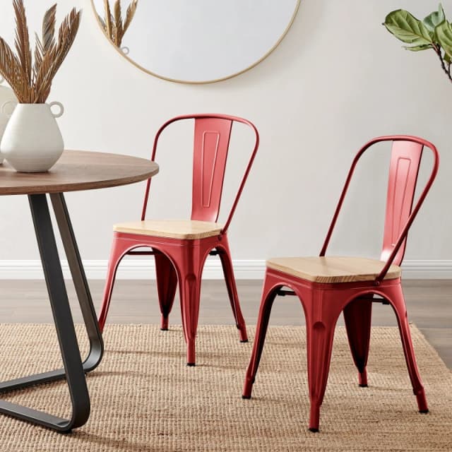 FurnitureboxUK FurnitureboxUK Set of 2 Colton Industrial Steel Stackable Tolix Style Dining Chairs With Pine Seats in Red Red One Size Unisex 50565426