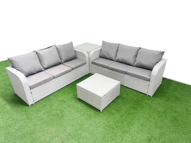 Fimous Outdoor Garden Furniture Sets 6 Seater Wicker Rattan Furniture Sofa Sets with Square Coffee Table high Back Lounge Sofa Side Table Light Grey L