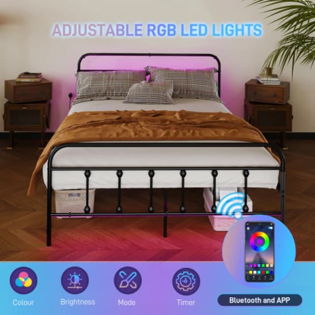 HOMCOM HOMCOM Double Bed Frame with LED Lights and Charging Station, Black Double Unisex 5063603037120