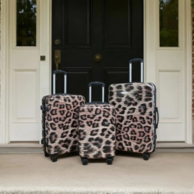 OHS OHS Leopard Suitcase Luggage 3 PC Set Travel Hard Shell ABS Light Carry On 4 Wheel in Natural Natural One Size Unisex 5027434208340