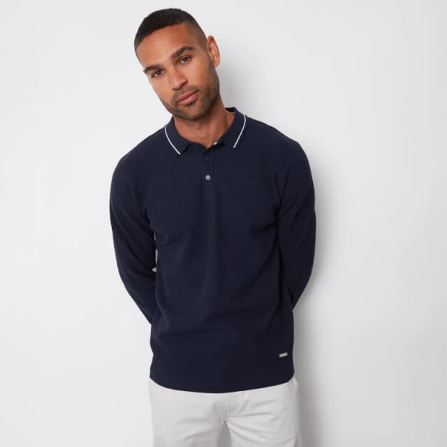 Threadbare 'Moseley' Textured Knitted Long Sleeve Polo Jumper Navy