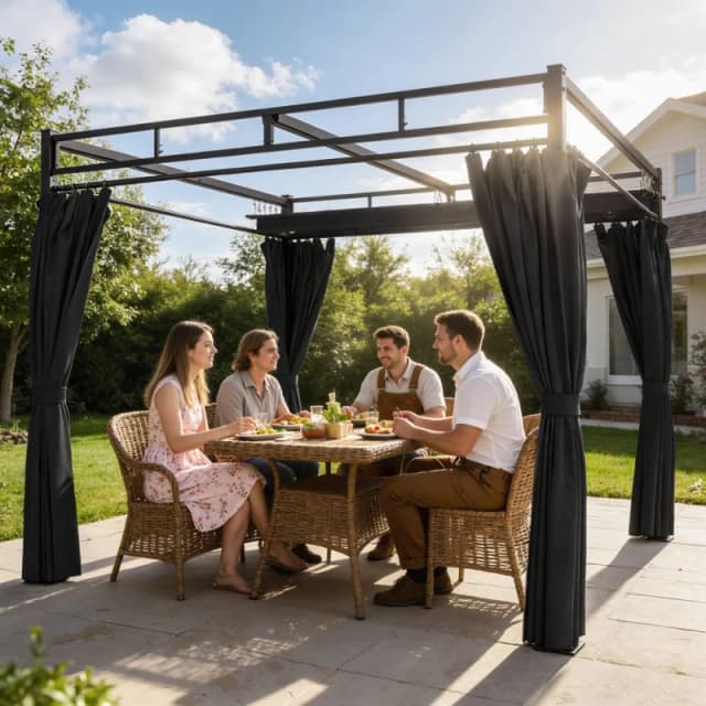 Outsunny 3 X 3 M Garden Pergola With Retractable Canopy, Curtains, Dark Grey 84C-681V00CG