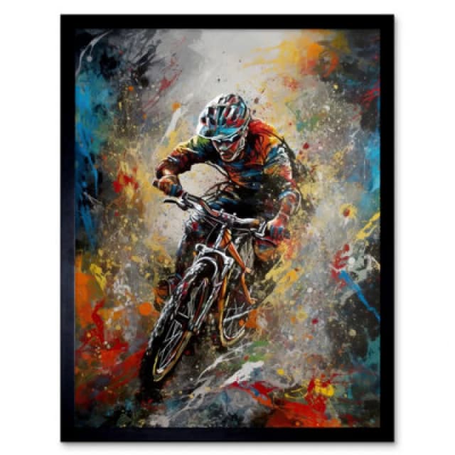 Artery8 Mountain Biker Paint Action Shot Home Decor 12X16" Framed Wall Art Print