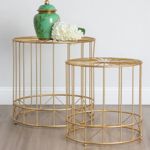 Premier Housewares Interiors By Premier Geometric Design Set Of 2 Round Side Tables, Sleek Bed Side Table For Bedroom, Gold Finish Lounge Table Gold