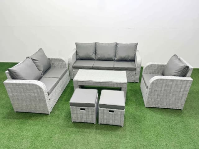 Fimous Patio PE Wicker 8 Seater Outdoor Rattan Furniture Sofa Sets with Oblong Coffee Table Reclining Chair Loveseat Sofa 3 Seater Sofa Stool Light Gr