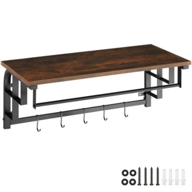 Tectake Coat Rack - Wall Mounted, Storage Shelf, Hanging Rail, 5 Hooks - Industrial Wood Dark, Rustic