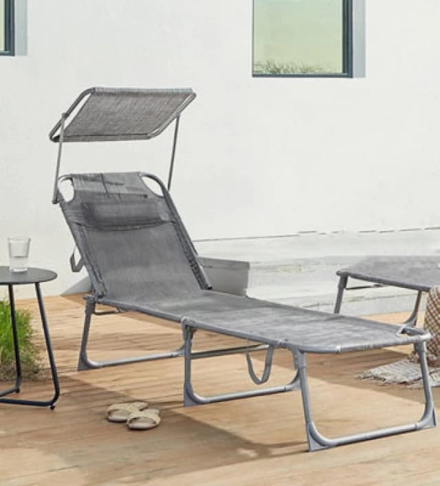 Songmics Reclining Sun Chair With Adjustable Backrest, Folding Deck Chair Sun Lounger, With Sunshade Headrest, Greige