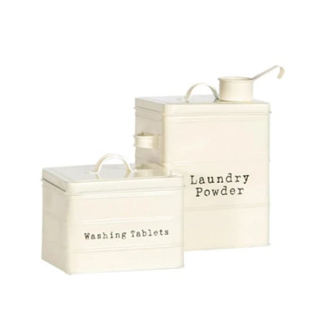 Harbour Housewares 2 Piece Utility Canisters Set - Cream - Vintage Metal Home Kitchen Canister Tin Box Utility Laundry Storage