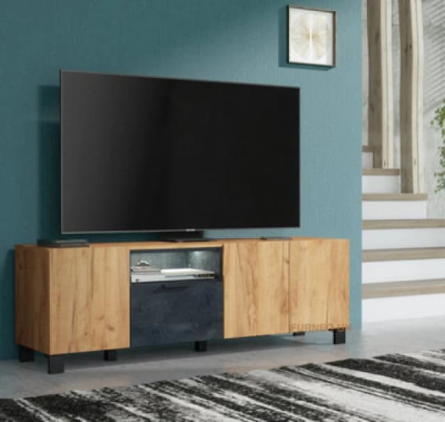 Furneo 150Cm TV Stand Oak & Black Concrete Effect Unit Cabinet White LED Lights Enzo 04