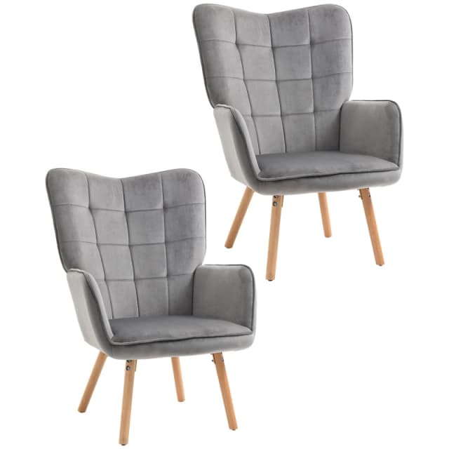 HOMCOM Plush Velveteen Armchairs: Tufted Wingback Duo for Lounging Luxury, Wooden Legs, Slate Grey