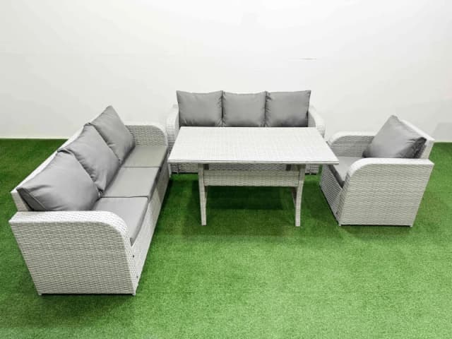 Fimous 7 Seater Poly Rattan Outdoor Garden Furniture Rectangular Dining Table Sofa Set Patio 3 Seater Sofa Reclining Chair 3 Seater Sofa Light Grey Li