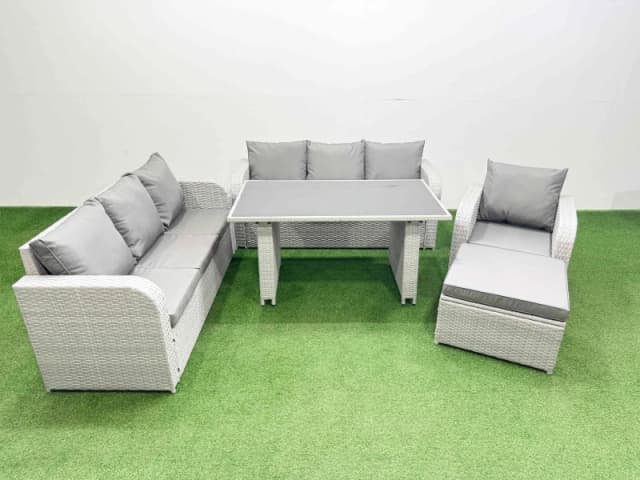 Fimous 8-seater Patio Rectangular Table Sofa Set with Big Stool in Light Grey Light Grey Unisex