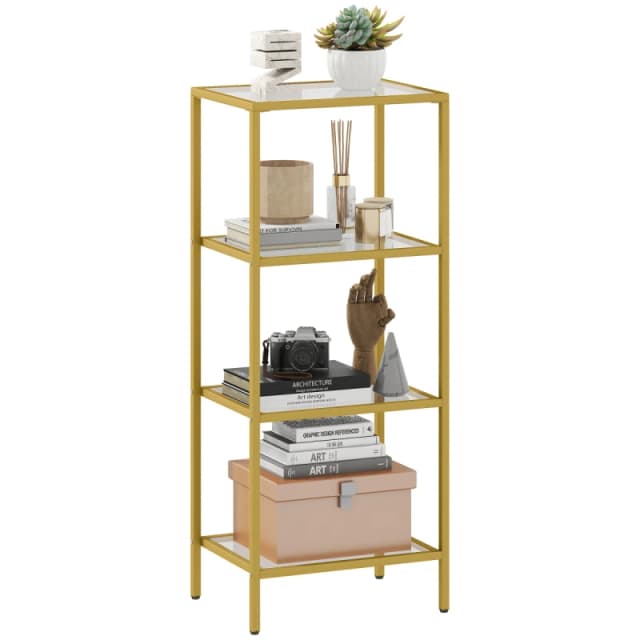 HOMCOM 4-Tier Shelving Unit Modern Glass Shelf Bookshelf for Home Gold Tone, Gold 838-564V00GD