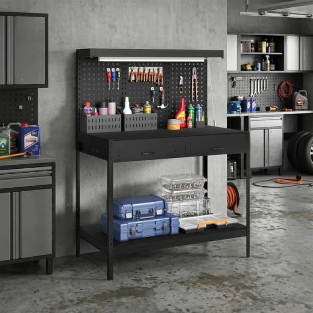 HOMCOM 110cm Workbench with Pegboard & LED Light, 272 kg Load Capacity in Black Unisex