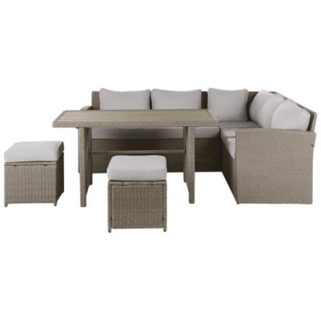 Beliani Garden Lounge Set With Table And Ottoman 5 Seater Bardi With Cushions Pe Rattan Taupe