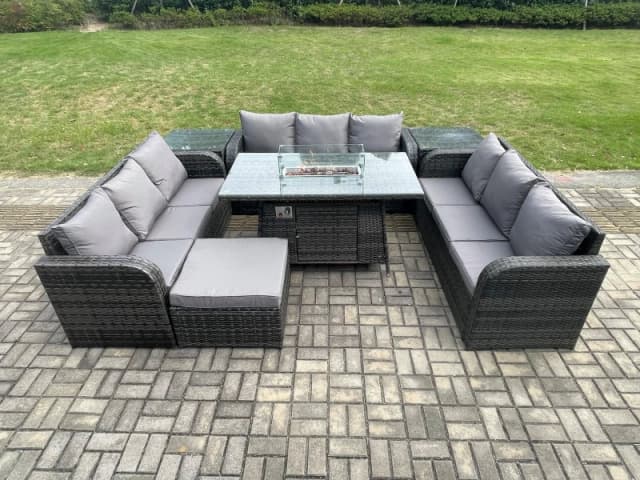 Fimous Rattan Furniture Garden Dining Set Gas Fire Pit Table With 2 Side Tables Lounge Sofa Big Footstool Dark Grey Mixed Dark Grey