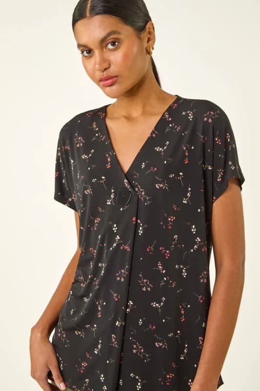 Roman Floral Print V-neck Top, Black, Size 10, Women Black WYABR Female 10