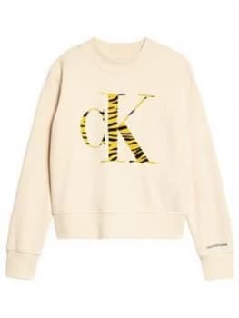 Calvin Klein Jeans Girls Animal CK Flock Sweat - Cream, Size Age: 10 Years, Women