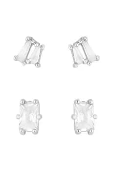Rhodium Plated Baguette Stone Earrings - Pack of 2