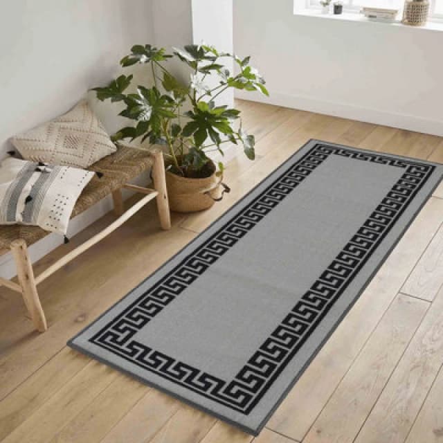Machine Washable Greek Key Design Anti Slip Doormats Grey 67X220 Cm