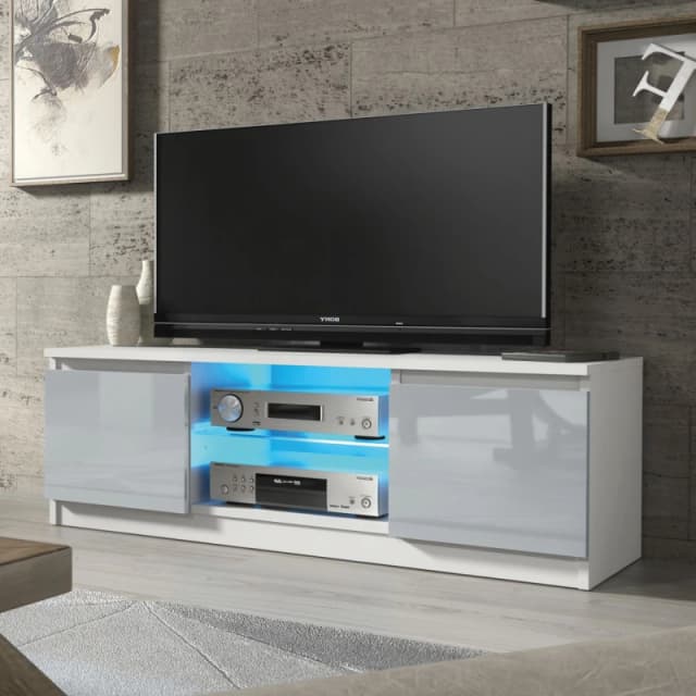 Mex Furniture LTD TV Unit with LED Lighting & Gloss Doors / 120cm in Light Grey Light Grey Unisex