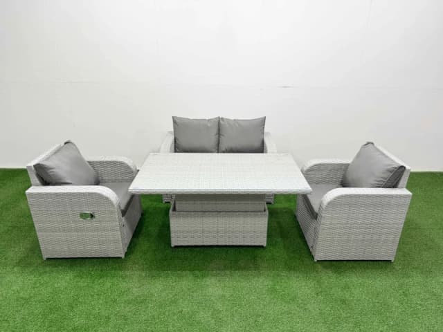 Fimous Light Grey PE Wicker Rattan Garden Furniture Set Sofa Set Reclining Chair Adjustable Lifting Dining or Coffee Table 4 Seater Light Grey