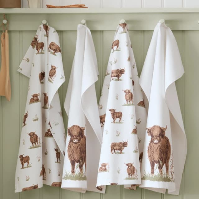 Catherine Lansfield Angus Highland Cow Kitchen Tea Towel Pack of 4 Natural unisex 50x70cm