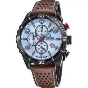 Mens Festina Chronograph Brown Leather Strap Blue Dial Watch