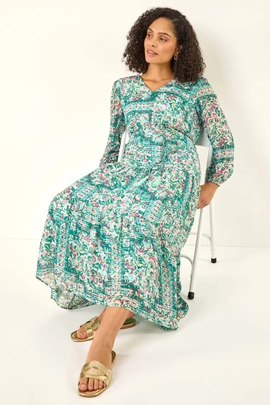 Roman Womens Printed Metallic Tie Waist Maxi Dress in Green Size: 12 Green Female 12