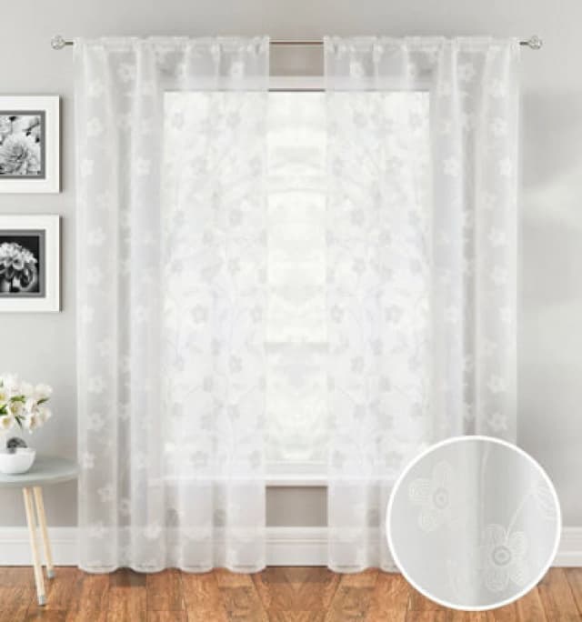 Tyrone Textiles Sienna Embroidery-Look Floral Print Voile Panel - Pair White