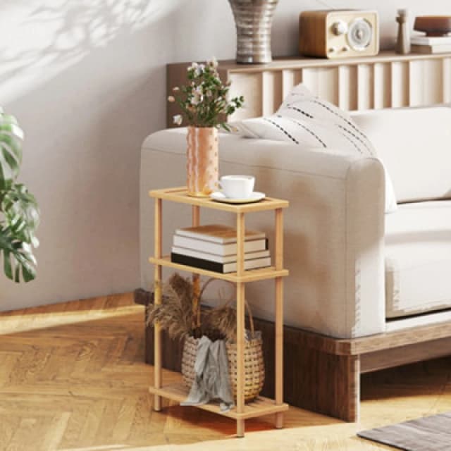 HOMCOM 3-Tier Slim End Table, Tool-Free Assembly, Natural Wood Finish Natural Unisex