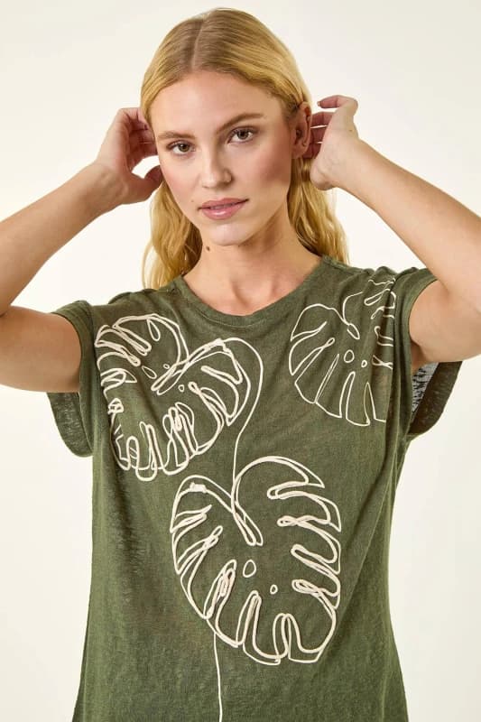 Roman Womens Embroidered Leaf T-Shirt in Khaki Size: 10 Khaki Female 10