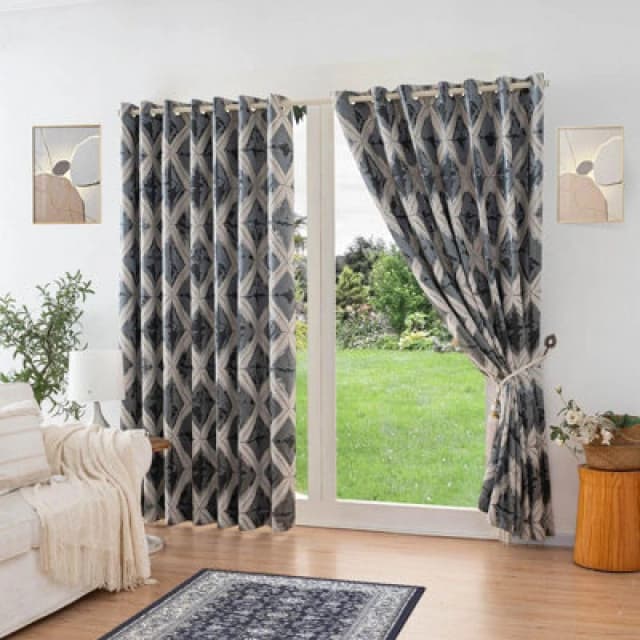 Luxury Living Luxury Diamond Jacquard Fully Lined Ring Top Curtains With Metallic Thread 168Cm X 137Cm Charcoal/silver