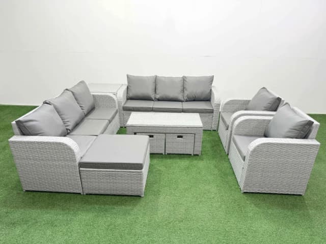 Fimous PE Rattan High Back Lounge Sofa Set Patio Oblong Coffee Table & Chairs Set with 3 Seater Sofa Reclining Chair 3 Stools Side Table Light Grey Li