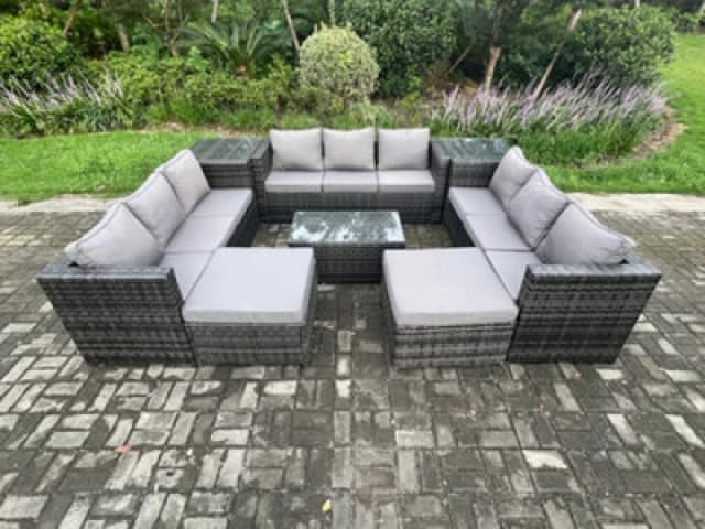 Fimous Outdoor Lounge Sofa Set Wicker PE Rattan Garden Furniture Set with Oblong Coffee Table 2 Side Tables 2 Big Footstool 11Seater Dark Grey