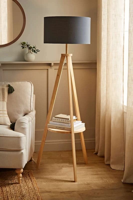 ValueLights ValueLights Morrigan Natural Wood Tripod Floor Lamp with Fabric Drum Lamp Shade in Charcoal Charcoal One Size Unisex 5059406035135