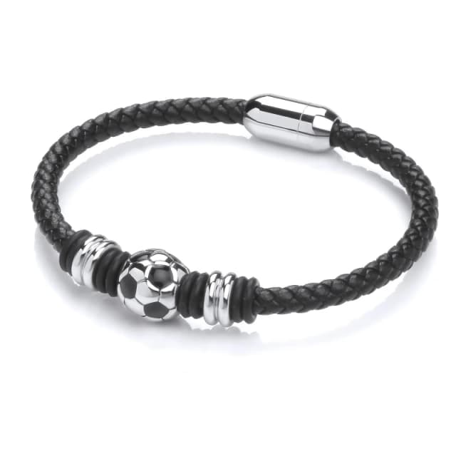 Jewelco London Mens Leather Steel Classic 32 Panel Soccer Ball Bracelet 5mm 8" - BRC200 Silver