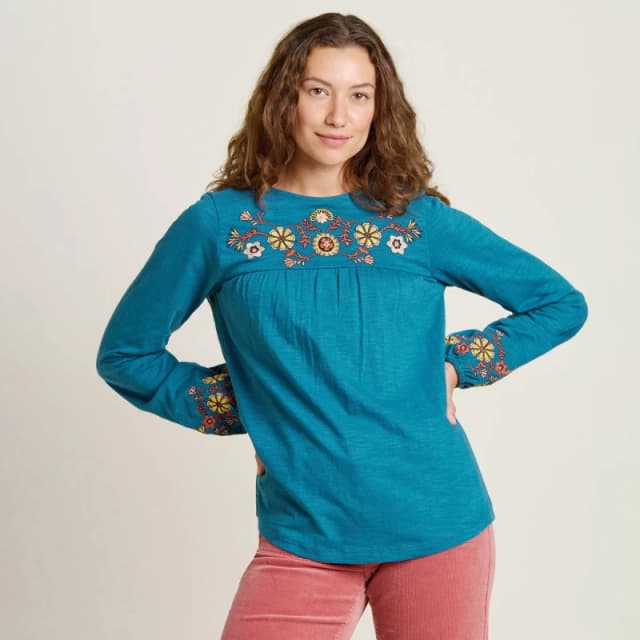Brakeburn Folk Floral Embroidered Tee Blue