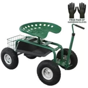 Wheeled Garden Cart Seat Heavy Duty Swivel Mobile Tool Tray Utility Basket Gardening Landscape Weeding Outdoor Work Stool - Green