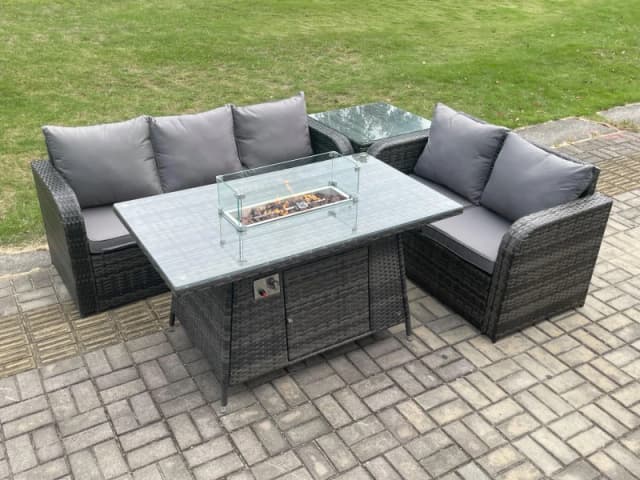 Fimous Rattan Garden Furniture Set with Gas Fire Pit Table,Side Table 4 Pieces Outdoor Lounge Sofa Set Dark Grey Mixed Dark Grey