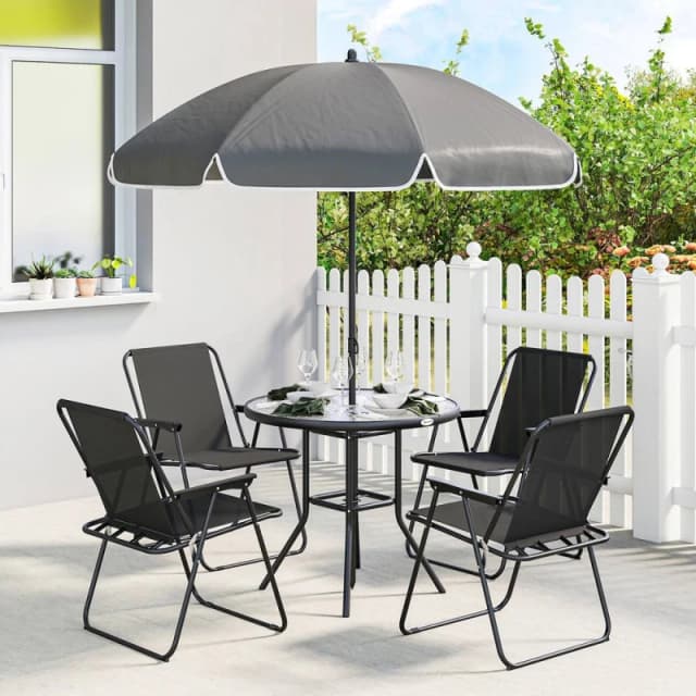 OUTSUNNY 6 Pieces Garden Furniture Set with Parasol, Folding Chairs, Black Size: 80cm x 80cm Black Unisex 80cm x 80 cm