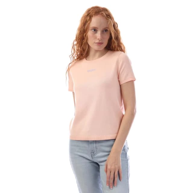 DKNY Short Sleeve Rhinestone Knit Sweater Peach female L