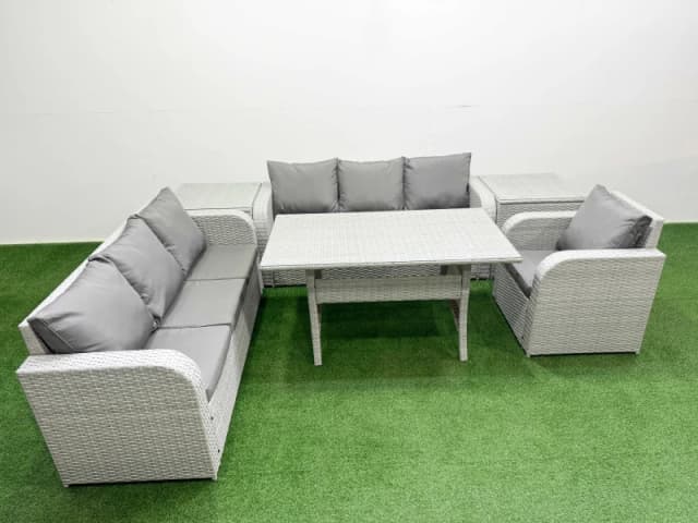 Fimous 7 Seater Poly Rattan Outdoor Garden Furniture Rectangular Dining Table Sofa Set Patio 3 Seater Sofa Reclining Chair 3 Seater Sofa 2 Side Table