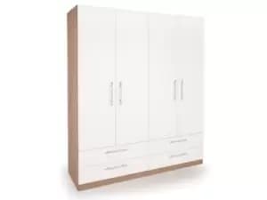 Harmony Hyde White and Oak 4 Door 4 Drawer Large Wardrobe Flat Packed