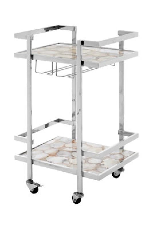 Orsina White Agate Drinks Trolley,two Tier Serving Trolley,kitchen Storage Trolley,bar Trolley With Glass Holders