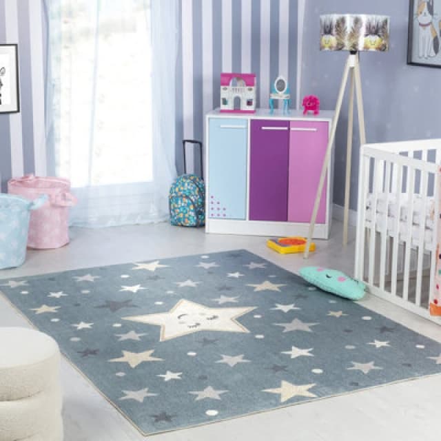 Livabliss Kids Machine Washable Blue/beige Bedroom Supermama Area Rug 160 X 213cm - Easy Care, Soft & Safe Rug For Kids Spaces