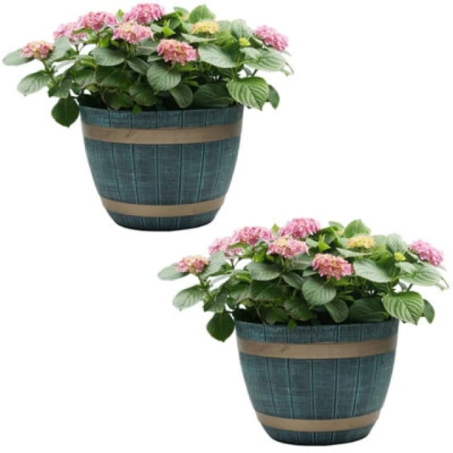 Gr8 Garden Set Of 2 Large Blue Rustic Style Plastic Half Barrel Cask Planter Flower Plant Pot