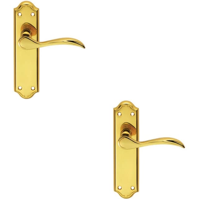 Loops 2x PAIR Curved Door Handle Lever on Latch Backplate 180 x 45mm Polished Brass Metallics